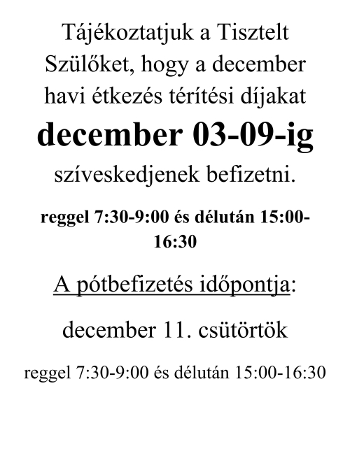 Étkezés befizetés december 3-9-ig